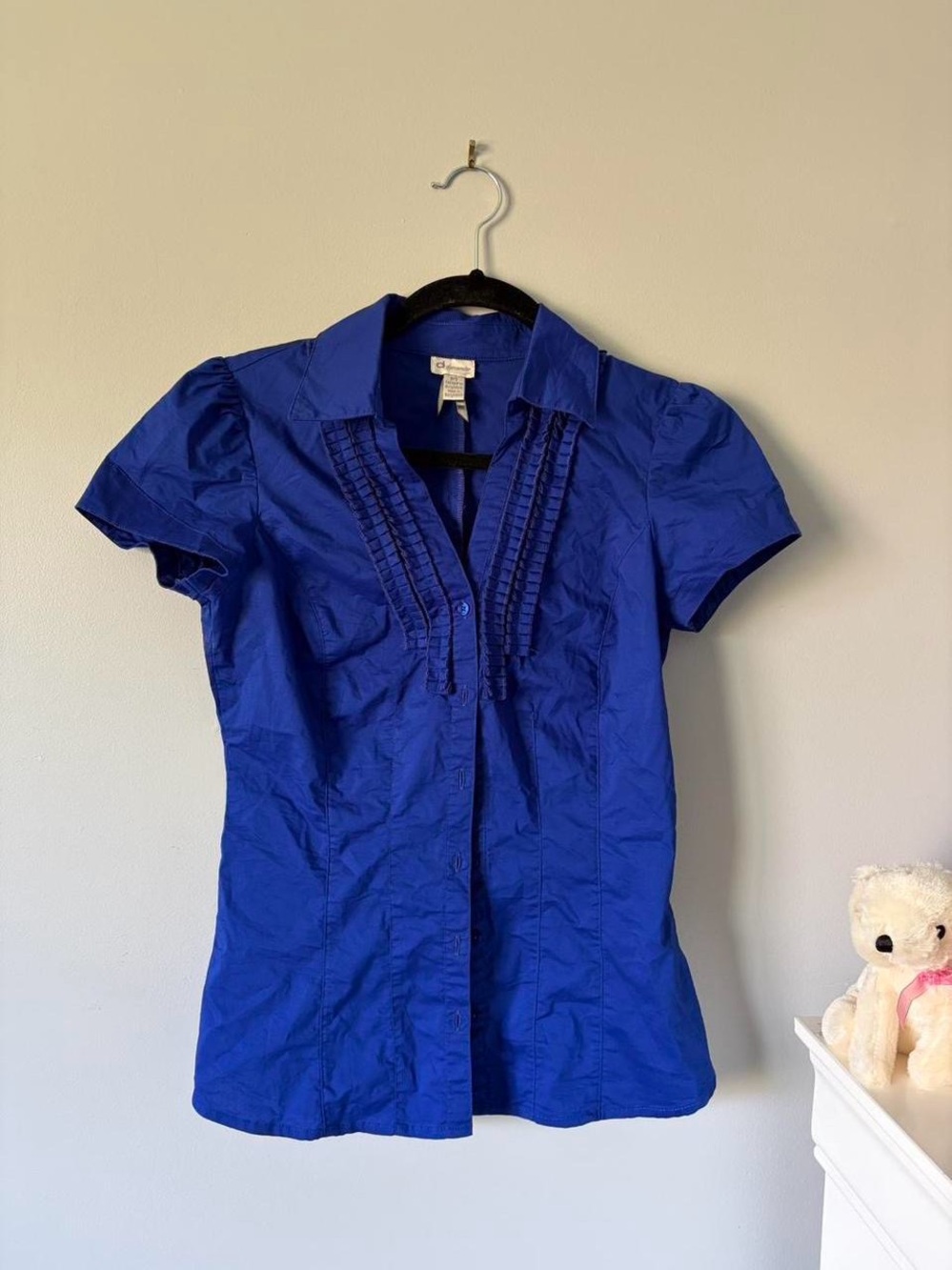 Dynamite Royal Blue Short-Sleeve Ruffled Button-Down Shirt